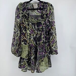 Twelve by Twelve Womens Large Y2K Boho Ruffle Sheer Chiffon Top Whimsigoth